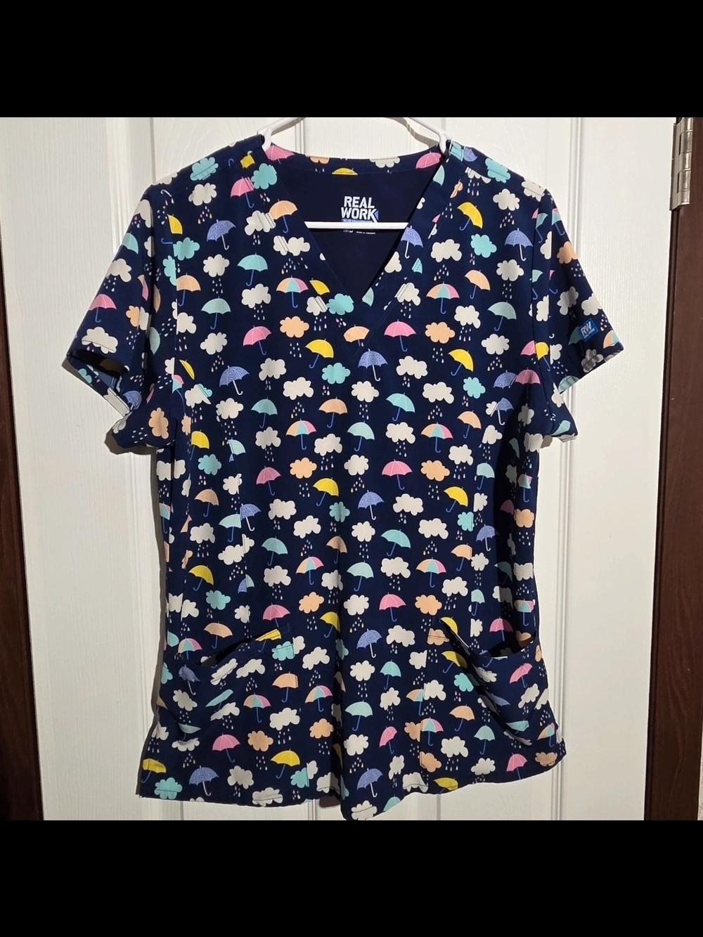 Scrub Top Womans Navy Umbrella & Cloud Print Scrub Top